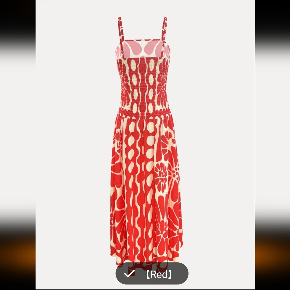Red And White Designed Dropped Waist Maxi Dresd - Picture 5 of 11